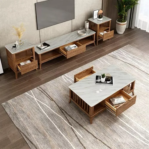 Miniatura 2 de Mesa de té para sala de estar, moderna mesa de centro de madera con cajones y estantes de almacenamiento, decoración rectangular elegante de 2