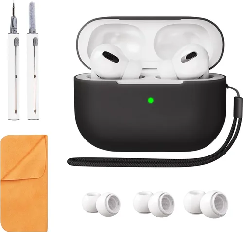 Miniatura 13 de Funda de silicona compatible con Apple AirPods Pro de 2ª generación, con kit de limpieza y 3 pares de puntas de repuesto para las orejas, LED