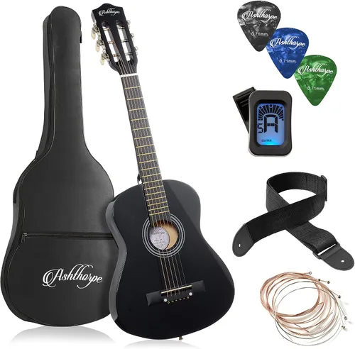 Ashthorpe - Paquete de guitarra acústica para principiantes de 30 pulgadas (negro), kit básico de iniciación con funda, cuerdas, correa, afinador,