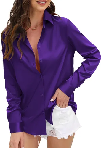 Miniatura 17 de CUNLIN Camisas de satén de seda suave con botones de leopardo para mujer, camisa de trabajo de manga larga de seda, blusas de vestir, tops