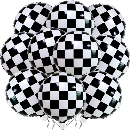 Paquete de 12 globos de carreras a cuadros de 18 pulgadas, globos de aluminio de helio de Mylar a cuadros blancos y negros para fiestas temáticas de