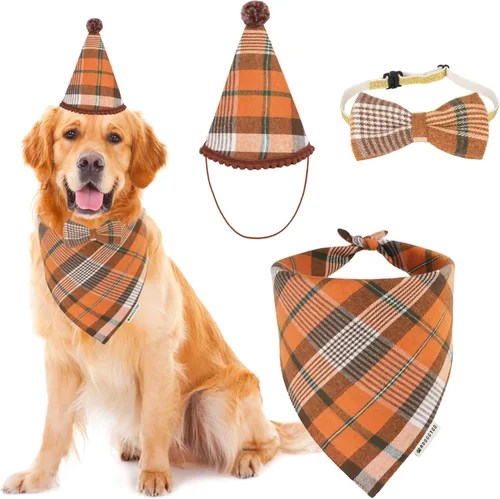 Miniatura 16 de ADOGGYGO Juego de bandana de Navidad para perro, sombrero y pajarita, clásica a cuadros rojos, bufanda de Navidad para mascotas, disfraz de Navidad
