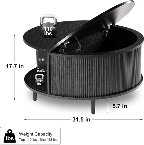 Miniatura 2 de Mesa auxiliar redonda, mesa central acanalada de 31.5 pulgadas con almacenamiento, mesa de centro elevable con almohadillas ajustables, puerta Negro