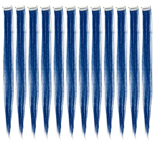 Miniatura 13 de SWACC 12 unidades de broches con extensiones reflejos para cabello de un solo color para fiestas. Mechones de cabello sintético de color., Azul Azul