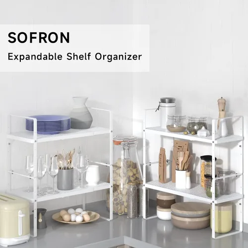 Miniatura 7 de Estante de Almacenamiento de Gabinete Expandible Organizador Apilable para Cocina Baño Despensa Especias Alacena Café Encimera Hogar Oficina Blanco