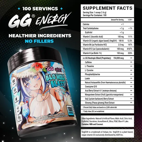 Miniatura 2 de Gamer Supps GG® Energy - Blo'hole Blast by Shylily (100 Porciones) - Energía de Juego Amigable con Keto y Mezcla Nootrópica, Sin Azúcar + Cafeína