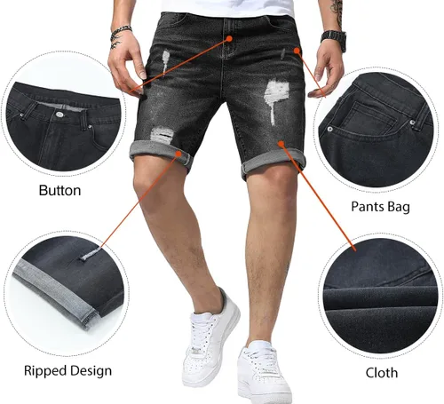 Miniatura 5 de JMIERR Pantalones cortos de mezclilla para hombre, estilo casual, elásticos, ajustados, lavados, desgastados, enrollados, rasgados, para hombre