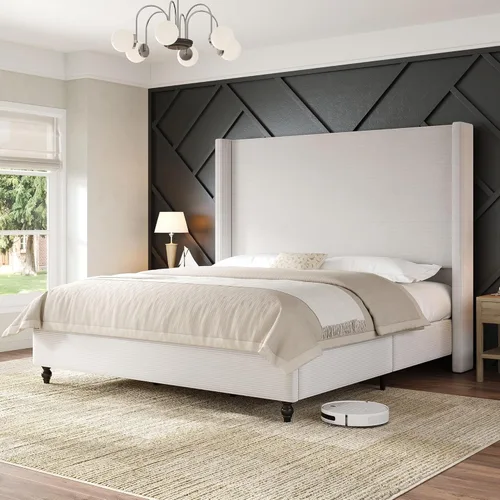 Miniatura 10 de AMERLIFE Base de cama tapizada tamaño Queen con cabecera de 50.8 pulgadas de alto, cama de plataforma con respaldo de alas con patas de madera