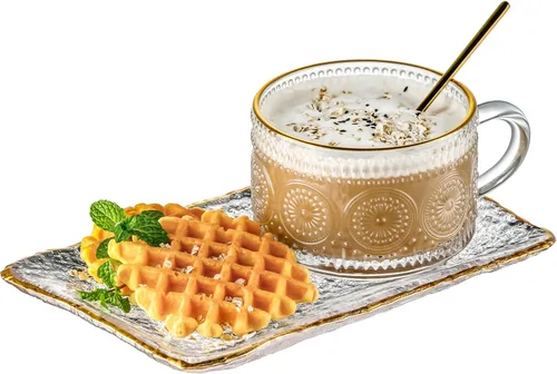 Miniatura 13 de Gezzeny Tazas de café vintage con platillos de 14 onzas, juego de 2 tazas de vidrio en relieve, tazas de té, tazas de café de vidrio para capuchino