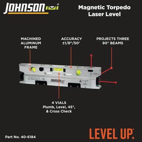 Miniatura 2 de Johnson Level & Tool 40-6184 - Nivel láser de torpedo magnético, color plateado y negro, 1 nivel láser