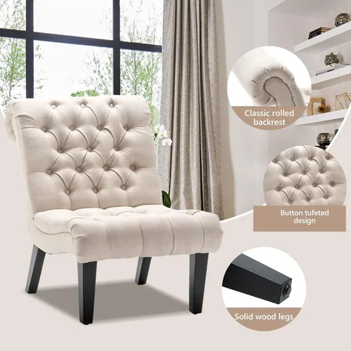 Miniatura 6 de Silla decorativa moderna para dormitorio, sala de estar, silla lateral tapizada con botones y sin brazos con patas de madera maciza, tela crema