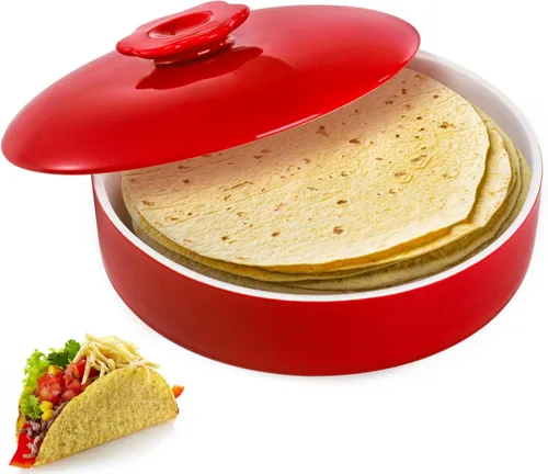 Lyellfe Recipiente de Tortillas Cerámico con Tapa, Soporte para Tortillas de 8.5 Pulgadas, Capacidad para hasta 12 Tortillas, Recipiente Rojo para