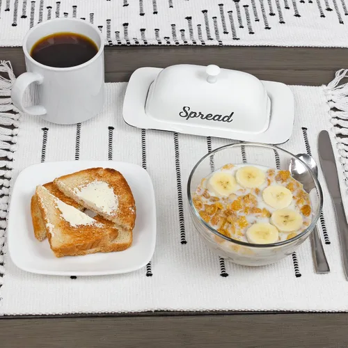 Miniatura 7 de AuldHome Design Plato de mantequilla esmaltado grande (blanco); plato de mantequilla esmaltada de granja con tapa y tapa