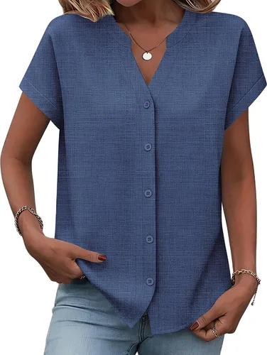 Miniatura 14 de Zeagoo Camisas con botones para mujer, camisetas de manga corta, cuello en V, blusas casuales de negocios