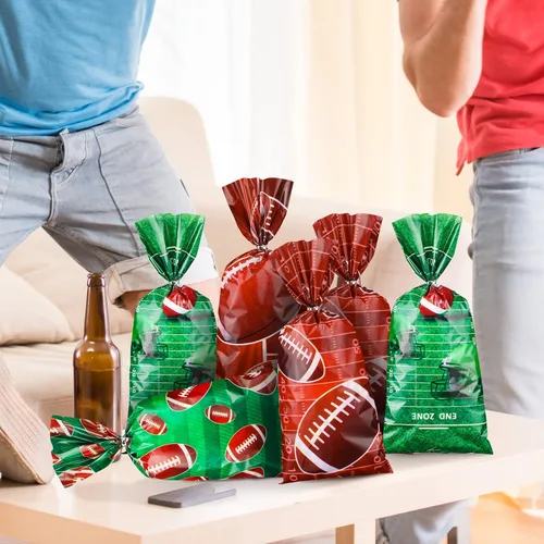 Miniatura 4 de Jetec 100 bolsas de celofán de fútbol americano marrón y verde, bolsas de regalo de fútbol con lazos para eventos de equipo deportivo, suministros