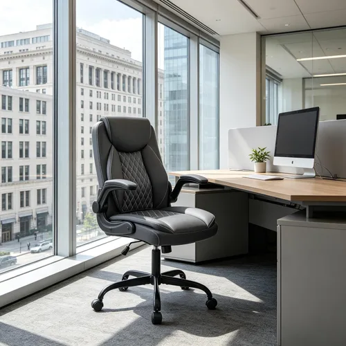 Miniatura 2 de YFO Silla de oficina de cuero, silla ergonómica de escritorio de oficina en casa, silla de oficina ejecutiva giratoria con soporte trasero con Gris