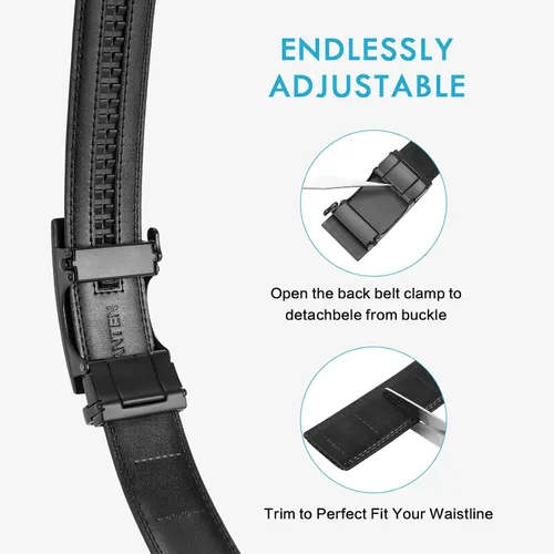 Miniatura 4 de BOSTANTEN Cinturón de cuero con trinquete para hombre con hebilla ajustable deslizante, corte para adaptarse, Negro