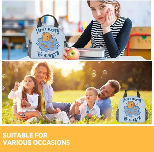Miniatura 2 de Lonchera para niñas y niños, reutilizable, plegable, aislada, con asa, pequeña, azul, con estampado de animales, ideal para la escuela, picnic