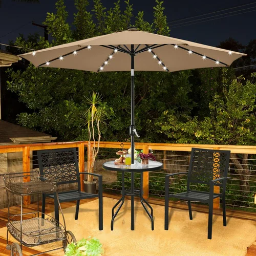 Miniatura 6 de Yaheetech Sombrilla de patio con energía solar de 10 pies, sombrilla de mesa de mercado con protección UV con 32 luces LED y botón de inclinación