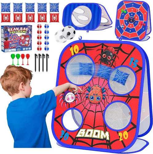 Juego de Lanzamiento de Bolsas de Frijoles Araña, Tablero de Cornhole 3-en-1, Juguetes al Aire Libre para Niños, Actividad de Fiesta Familiar para