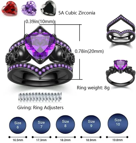 Miniatura 2 de Juego de anillos de compromiso góticos con diseño de calavera y rosa negra con forma de corazón, cristal de circón en forma de corazón, boda