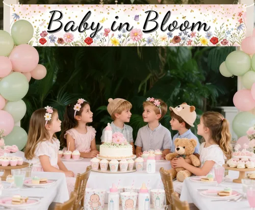 Miniatura 6 de Baby in Bloom - Cartel de baby shower, diseño floral de acuarela rosa coral, decoraciones de primavera para baby shower, grande de 70.8 x 13