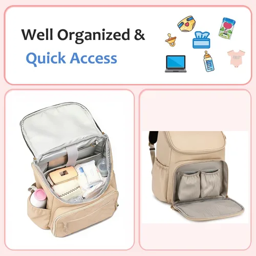 Miniatura 3 de LORADI Mochila ligera para pañales con clips para cochecito, bolsillos aislados, artículos esenciales para baby shower, color beige
