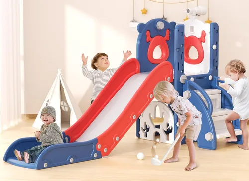 Miniatura 9 de YUFU Tobogán 7 en 1 para Niños para Niños Pequeños, Conjunto de Juego de Tobogán para Niños Pequeños con Golf, Escalador, Aro de Baloncesto