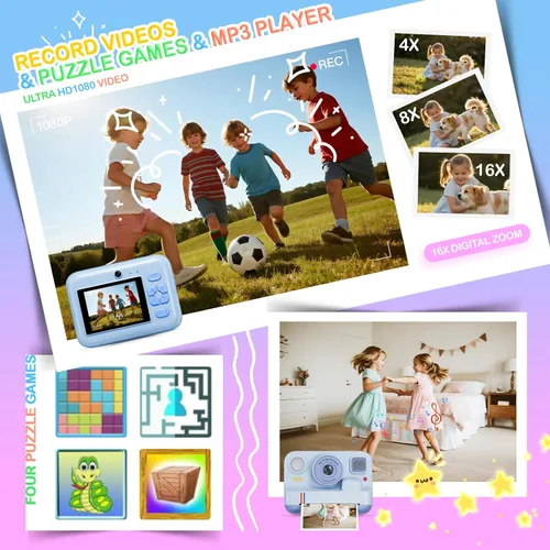 Miniatura 7 de Cámara de impresión instantánea para niños, regalos de cumpleaños de Navidad para niñas y niños de 3 a 15 años, cámara de video digital portátil Azul