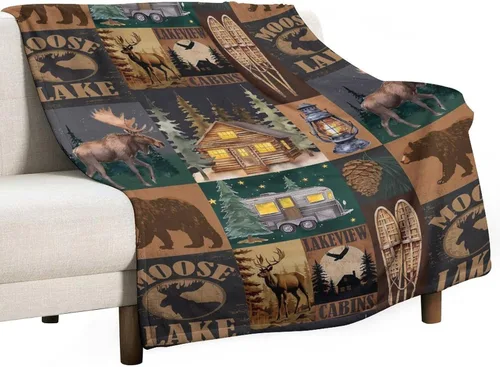 Miniatura 9 de Mantas de franela retro con alces y ciervos, estilo vintage de cabaña campestre rústica de montaña y granja, manta de cama para sofá, silla y cama