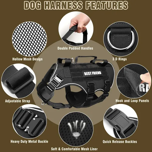 Miniatura 9 de Arnés táctico para perro, de tamaño mediano, con hebillas de metal, malla de aire transpirable, arnés militar Molle con 3 asas duraderas
