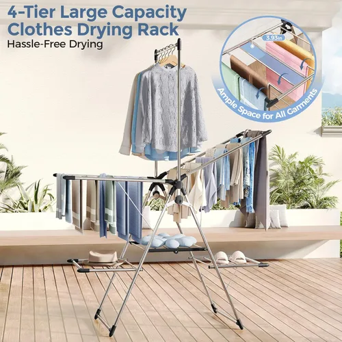 Miniatura 2 de APEXCHASER Large Capacity Foldable Clothes Drying Rack, Heavy Duty Stainless Steel Laundry Drying Rack with Top Hanger, Multi-Layer Indoor Outdoor