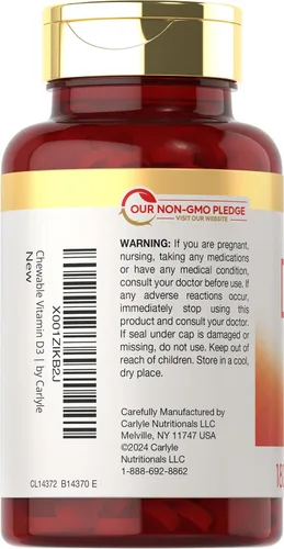 Miniatura 3 de Carlyle Tabletas masticables de vitamina D3 de 2000 UI (50 mcg) 180 unidades Sabor a bayas Vegetariano, sin OMG y sin gluten
