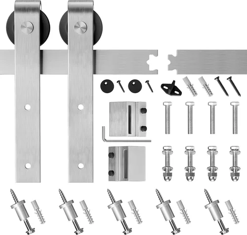 Miniatura 7 de SMARTSTANDARD Kit de herrajes para puerta de granero de níquel cepillado de 7 pies, pista deslizante resistente, suave y silenciosa, fácil