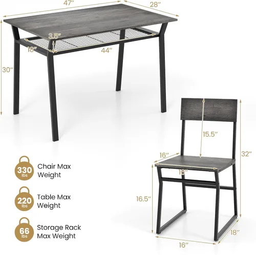 Miniatura 6 de GOFLAME Juego de mesa de comedor de 5 piezas, juego de comedor para 4 personas con marco de metal resistente, estante de almacenamiento, mesa