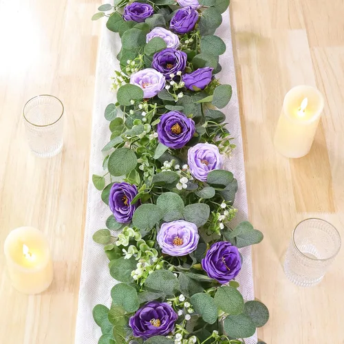 Miniatura 13 de TOCHGREEN Paquete de 4 Guirnaldas de Flores de Eucalipto Artificial con Rosas Blancas, Guirnalda de Flores de Rosa Falsa Vegetación Enredaderas