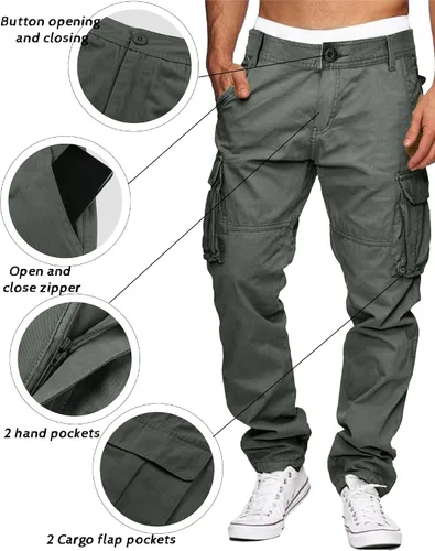 Miniatura 4 de LVCBL Pantalones cargo para hombre, de algodón, ajuste relajado, con múltiples bolsillos para hombre