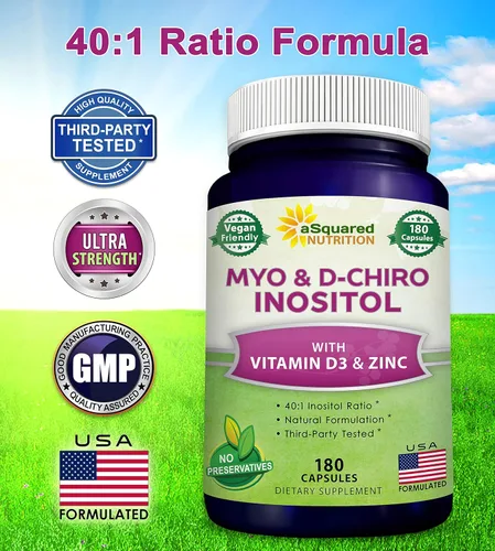 Miniatura 3 de aSquared Nutrition Suplemento de mio-inositol y D-Chiro inositol - 180 cápsulas - Más vitamina D3 y zinc - Proporción de mio y D-Chiro inositol 40 a