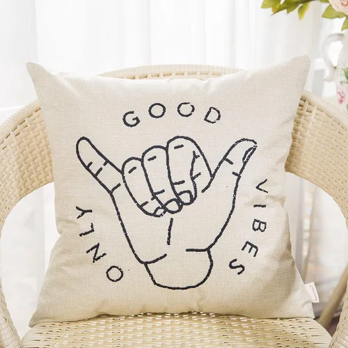Miniatura 4 de Fahrendom Good Vibes Only Aloha Hand Gesture Hang Hand Symbol Motivacional Sign Cotton Linen Home Funda de cojín decorativa con palabras para sofá