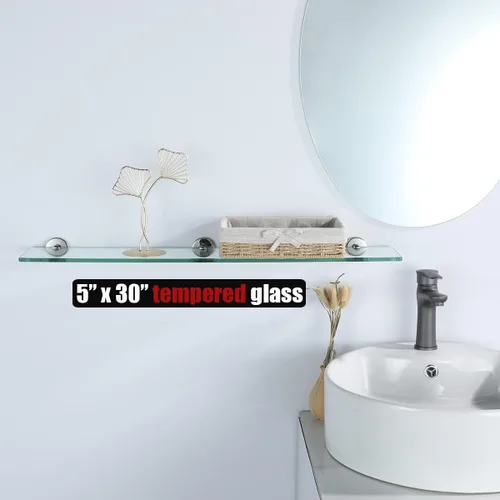 Miniatura 2 de JQK Estante de vidrio para baño cromado, almacenamiento de ducha de vidrio templado 30 por 5 pulgadas, montaje en pared cromado pulido de acero Cromo