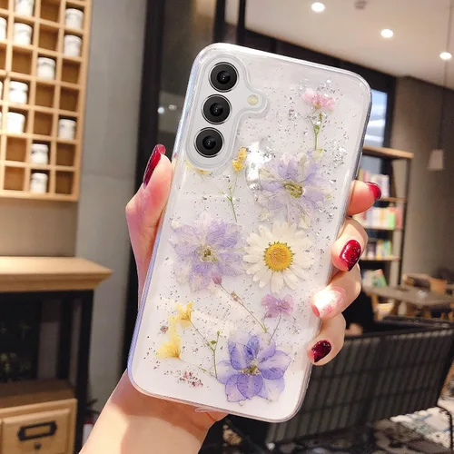 Miniatura 11 de EYZUTAK Funda para Samsung Galaxy A15 4G/5G, Bling Glitter Lentejuelas Hecho a Mano Hoja De Flor Seca Real Funda Estética Transparente Embedded
