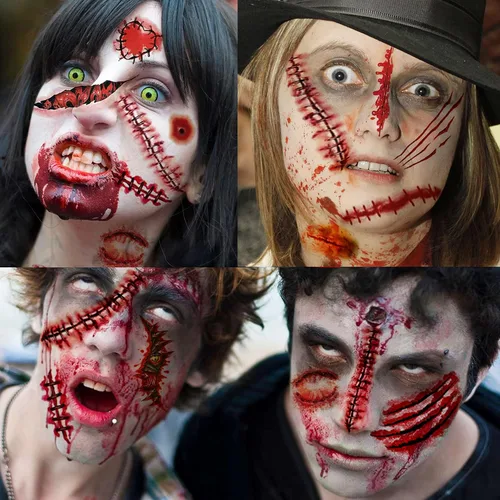 Miniatura 5 de VANTATY Juego de 215 piezas de 30 hojas de tatuajes de cicatrices falsas 3D, kit de maquillaje temporal de Halloween, puntadas falsas, tatuajes