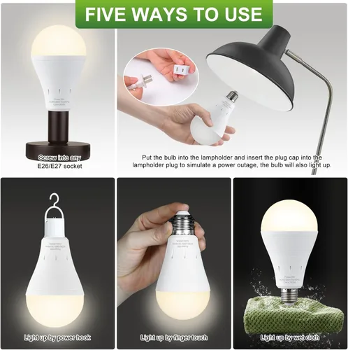 Miniatura 8 de DEBAOBULB Paquete de 10 bombillas de emergencia recargables, bombilla LED alimentada por batería, 3000 K, cálida E26, 120 voltios, 9 W, 60 W, Blanco