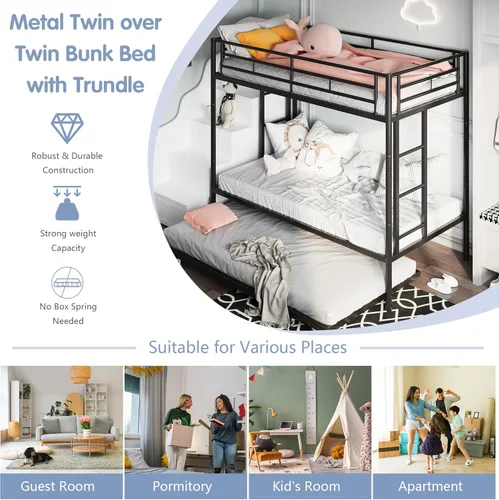 Miniatura 4 de SUNLEI Litera individual sobre individual con nido, cama alta de metal con 2 escaleras seguras, camas nido con protección de seguridad, ahorro