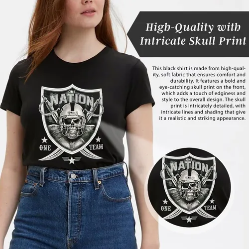 Miniatura 7 de One Nation One Team - Camiseta unisex de cuello redondo con diseño de calavera y espada en negro y blanco y plateado