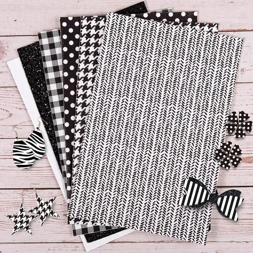Miniatura 5 de Whaline 10 hojas de cuero sintético blanco y negro, tela de cuero sintético de 8 x 12 pulgadas, patrón de rayas a cuadros con purpurina