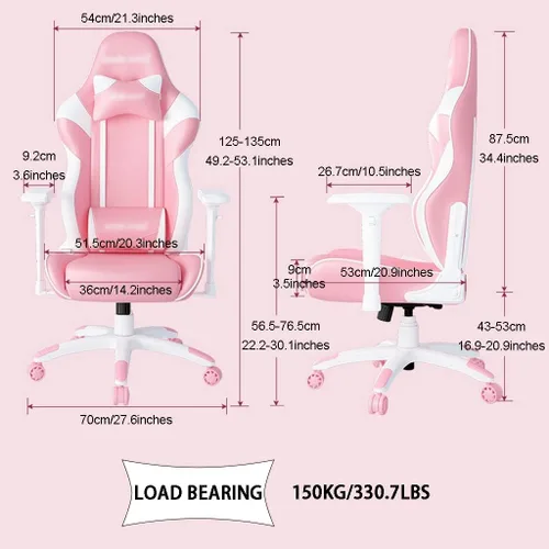 Miniatura 2 de Silla ergonómica para juegos de PC, silla de oficina fresca y tierna, color rosa para niñas, silla gamer, gran ángulo de 160°, puede acostarse