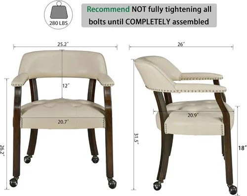 Miniatura 2 de Silla de comedor con ruedas, silla de cuero con ruedas y cabeza de clavo, sillas de comedor con rodillos curvos con respaldo curvado con ruedas