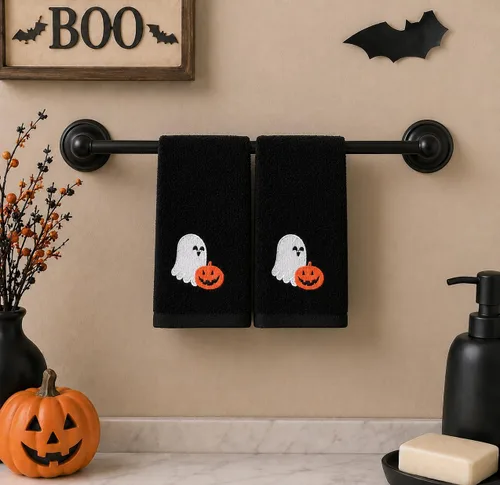 Miniatura 14 de Serafina Home Juego de 2 toallas de baño de Halloween – Juego de 2 toallas de algodón negro – 18 x 11 pulgadas bordado de murciélago en diseño