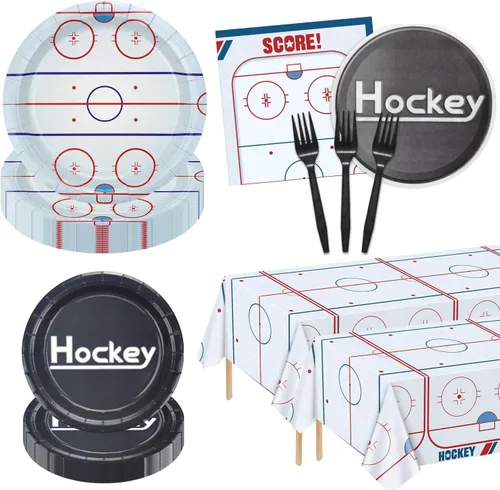 Decoraciones de cumpleaños de hockey – Paquete de 162 piezas de vajilla de hockey sobre hielo, platos temáticos de hockey desechables, servilletas,